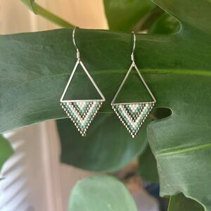 Geometric Silver and Green Beaded Earrings